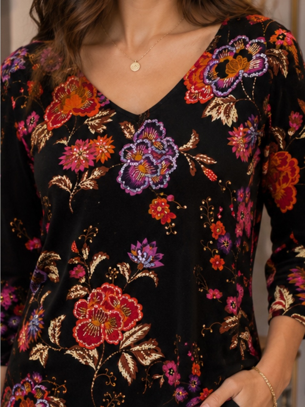 August Silk Black Floral V-Neck Blouse with Purple, Pink and Red Accents